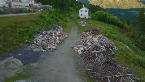 Piles-of-debris-in-front-of-haunted-Luster-Sanatorium,-Norway