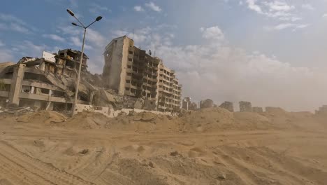 Streets-of-Gaza-and-destroyed-houses-during-2023-Israel–Hamas-war,-Slow-Motion