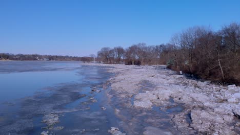 Slow-drone-shot-flying-over-a-partially-frozen-river-along-side-the-wooded-edge-of-the-river