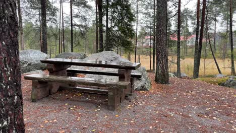 Rain-pouring-down-on-Table-and-bench,-Hiking-resting-place-in-Finnish-forest,-handheld-shot