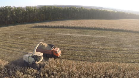 Flying-over-combine-and-truck-harvesting-crops