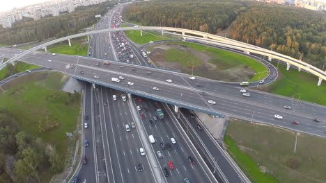Aerial-shot-of-traffic-on-multilevel-interchange