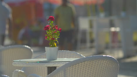 Leerer-Tisch-Mit-Blume-Im-Straßencafé