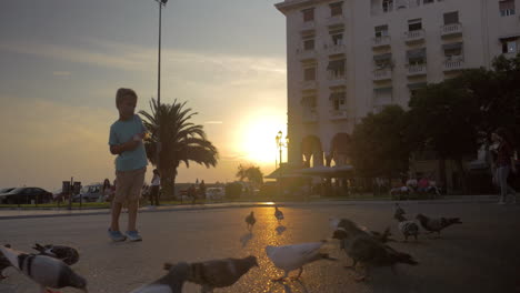 Children-and-pigeons-in-the-street-at-sunset