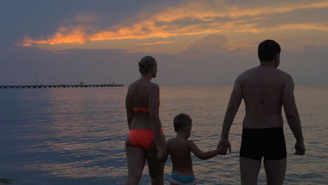 Eine-Vereinte-Familie-Geht-Nach-Sonnenuntergang-Im-Meer-Schwimmen