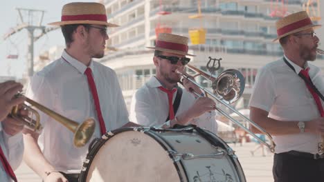 Slow-motion-shot-of-a-band-playing-live-music-during-the-Palavas-les-flots-feria