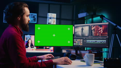 Videographer-using-professional-software-on-mockup-PC-to-create-visual-effects-for-video-projects