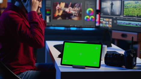 Green-screen-tablet-on-desk-in-multimedia-agency-next-to-video-editor-working-for-production-company