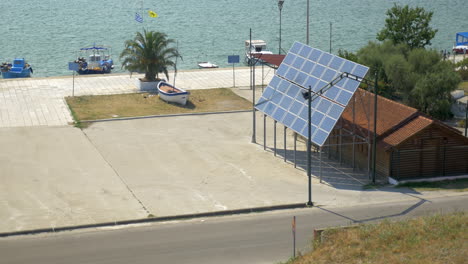 Top-view-of-solar-panels-dock-street-sea-boat-Piraeus-Greece