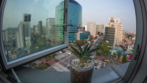 Timelapse-of-busy-Seoul-city-in-South-Korea-window-view