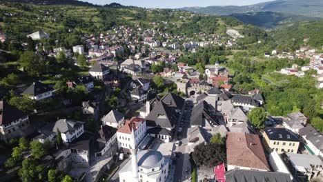 Historic-Jajce-Town-Aerial-Panorama,-Bosnia-and-Herzegovina