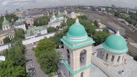 Aerial-view-of-Moscow-cityscape-with-church-in-foreground