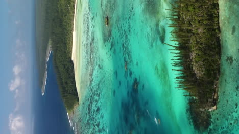 Crystal-clear-turquoise-waters-off-Oro-bay-in-the-Isle-of-Pines---vertical-aerial