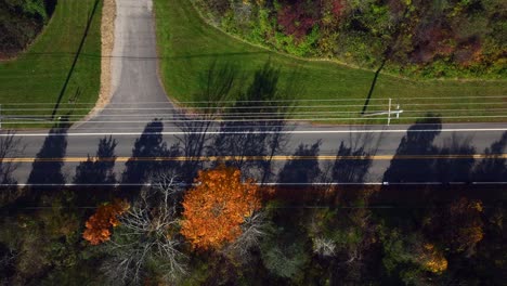 A-high-angle-aerial-view-over-a-country-road-with-colorful-trees-on-both-sides-on-a-sunny-day-in-autumn