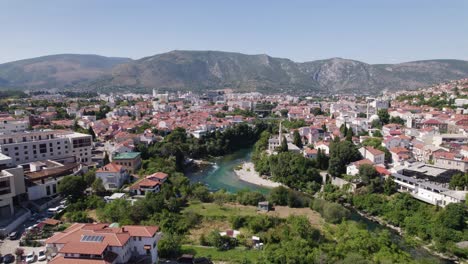 Panoramic-Aerial-of-Mostar-and-Neretva-River,-Bosnia-and-Herzegovina