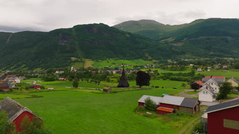 Scenic-countryside-setting-of-iconic-Hopperstad-Stave-church,-Norway