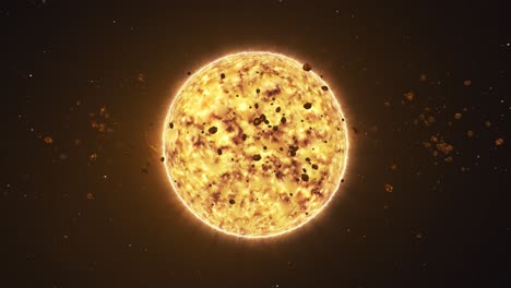3D-animation-of-the-sun,-solar-flares,-dynamic-surface,-and-drifting-meteor-space-debris