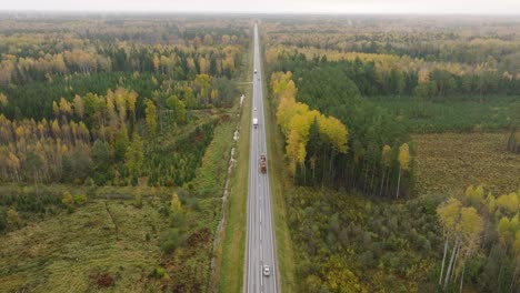 Establishing-aerial-view-of-the-autumn-forest,-yellow-leaves-on-trees,-idyllic-nature-scene-of-leaf-fall,-autumn-morning,-highway-with-cars,-wide-drone-shot-moving-forward,-tilt-down