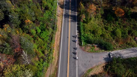 A-high-angle-aerial-view-over-a-country-road-with-colorful-trees-on-both-sides-on-a-sunny-day-in-autumn