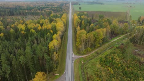 Establishing-aerial-view-of-the-autumn-forest,-yellow-leaves-on-trees,-idyllic-nature-scene-of-leaf-fall,-autumn-morning,-highway-with-cars,-wide-birdseye-drone-shot-moving-forward