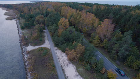 Chasing-Drone-View-of-Road-through-forest,-autumn-colors