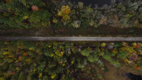 Overhead-View-Of-Railroad-Tracks-Between-The-Forest-During-Autumn-In-New-Hampshire,-New-England,-USA