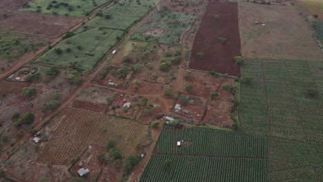 Ruhige-Afrikanische-Landschaft-Mit-Patchwork-Feldern,-Südkenia,-Luftaufnahme