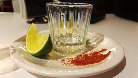 Ein-Glas-Mezcal-Mescal-Mexiko-Berühmtes-Alkoholisches-Getränk-Mit-Limette,-Zitrone-Und-Pfefferpulver