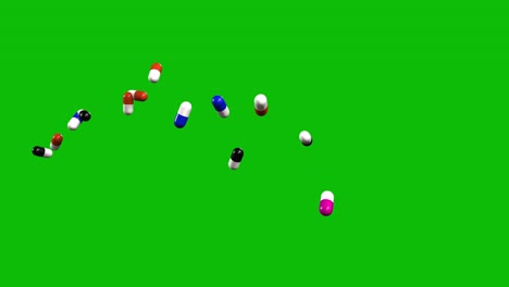 Pills-of-various-colors-thrown-from-the-side-and-falling-down,-like-jackpot,-on-green-screen-3D-animation