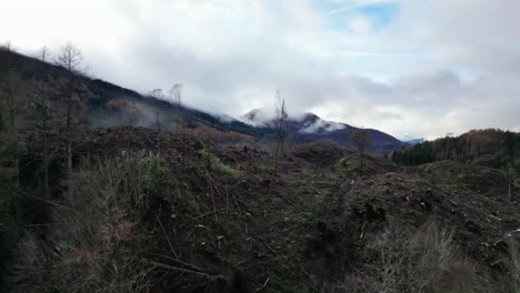Luftaufnahme-Eines-Von-Der-Abholzung-Betroffenen-Gebiets-In-Den-Nebligen-Bergen