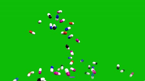 Pills-of-various-colors-thrown-upwards,-falling-down-and-bouncing,-like-jackpot,-on-green-screen-3D-animation