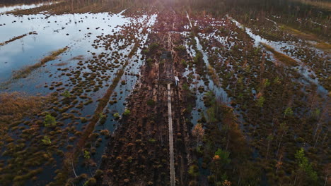 Tracking-drone-shot-captures-an-overgrown-lake-during-golden-hour-of-autumn