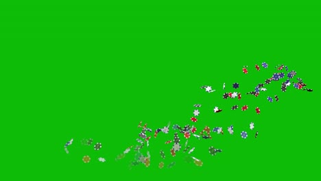 Casino-chips-thrown-up-and-falling-down-and-bouncing-from-right-side-on-green-screen-3D-animation,-chip-jackpot,-chip-fountain