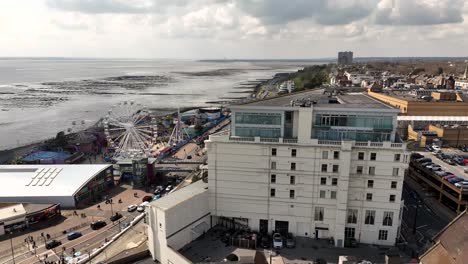 Drone-Fly-by-Southend-Royal-Hotel-reveals-big-wheel-and-Southend-pier-viewing-platform-with-sea-beyond