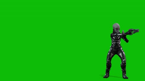 Grey-alien-wearing-a-space-suit-and-holding-a-sci-fi-gun-running,-stopping-and-aiming-on-green-screen,-3D-animation,-right-side-view