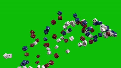 Casino-white,-red-and-blue-dice-thrown-up-and-falling-down-from-right-side-on-green-screen-3D-animation,-dice-jackpot,-dice-fountain