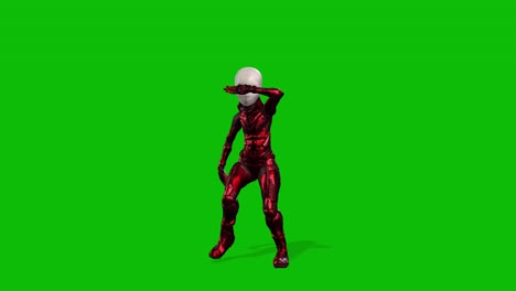 Grey-female-alien-wearing-a-space-suit-dancing-on-green-screen,-3D-animation,-front-view