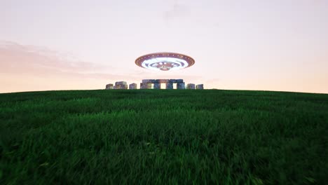 Stonehenge,-an-ancient-megalithic-stone-structure,-monument,-with-UFO-hovering-and-rotating-above-it,-with-neon-lights,-on-sunset,-3D-animation,-camera-zooming-in