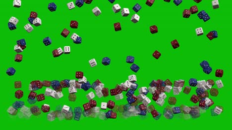 Casino-white,-red-and-blue-dice-falling-down-and-bouncing-on-green-screen-3D-animation