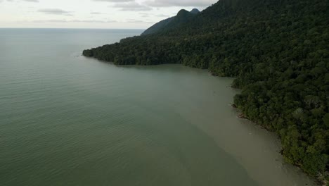 Evening-Aerial-View-Of-Pantai-Damai-Central-Santubong-And-Sarawak-Cultural-Village,-Borneo