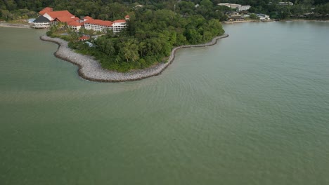 Evening-Aerial-View-Of-Pantai-Damai-Central-Santubong-And-Sarawak-Cultural-Village,-Borneo