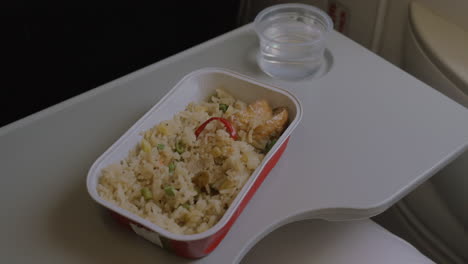 In-plane-on-table-is-disposable-tableware-with-a-dish-of-rice-and-chicken-and-a-woman-eats-food-with-a-fork