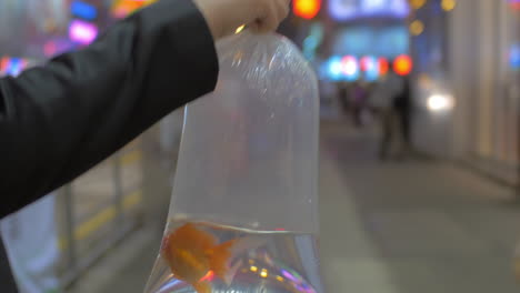 Nahaufnahme-Einer-Frau,-Die-Am-Arm-Eine-Plastikverpackung-Mit-Goldfisch-Hält-Und-In-Das-Einkaufszentrum-In-Hongkong,-China-Geht