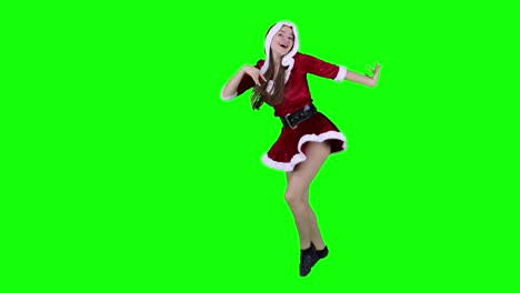 Feliz-Y-Divertida-Bailarina-De-Cosplay-De-Santa-Navidad-Frente-A-La-Pantalla-Verde
