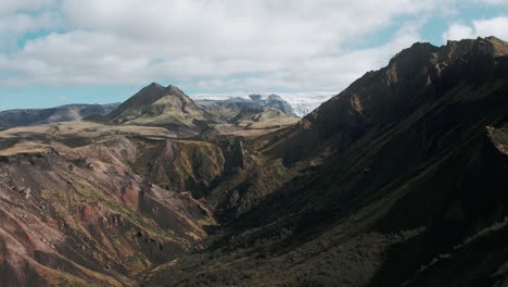 Cordilleras-Aéreas-Del-Bosque-Cubierto-De-Hierba-Del-Valle-De-Thor,-Glaciar-A-Distancia,-Famoso-Paisaje-Emblemático-Del-Parque-Nacional-Islandés