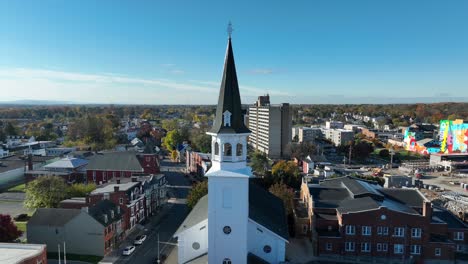 Historic-church-in-downtown-Hagerstown,-Maryland.-Aerial-orbit
