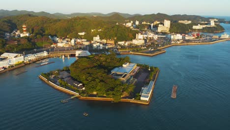Beautiful-Toba-Bay-at-Dawn,-Mikimoto-Island-Pearl-Center-and-Town-Aerial-View