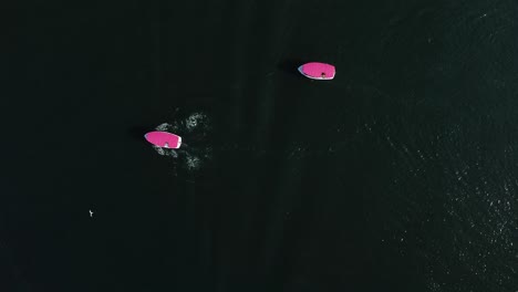 Luftaufnahme-Von-Zwei-Rosafarbenen-Partybooten,-Die-Auf-Bootswellen-Treffen