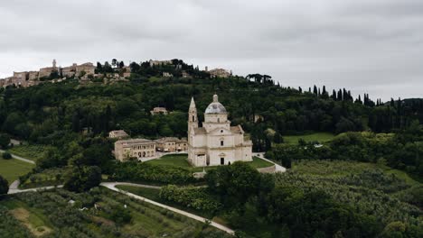 Aerial-view-of-a-remote-monastery-in-Italy's-countryside