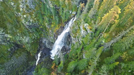 Wasserfall-Im-Herzen-Des-Schwedischen-Waldes-In-Herbstfarben-Mit-Sonnenstrahlen,-Die-Durch-Die-Tannenbäume-Fallen